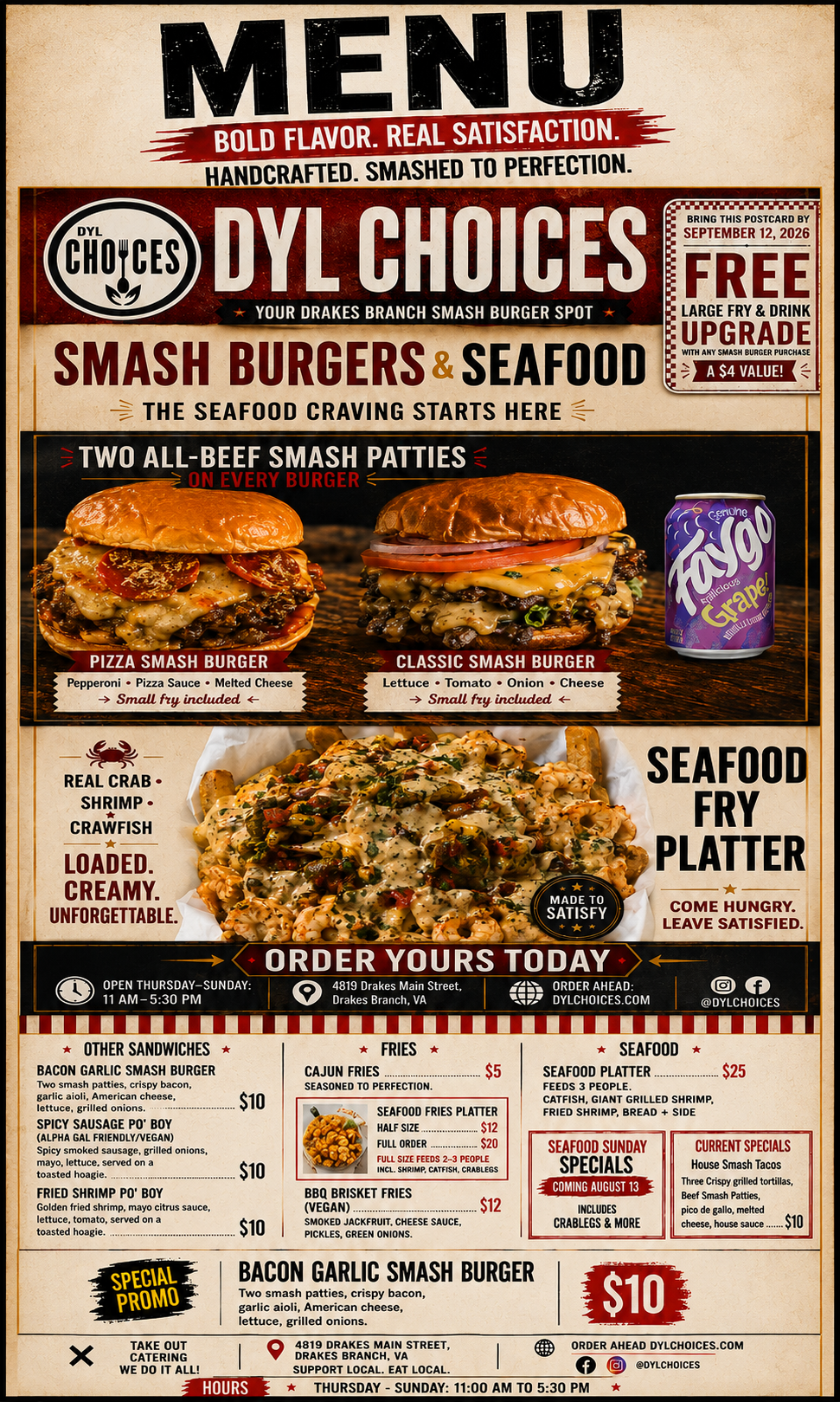 DYL Choices menu featuring smash burgers, seafood, fries, specials, address, and hours